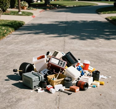 A neatly organized driveway with a small pile of household debris ready for collection, sunny day setting in North American / US - Bay Area, California.