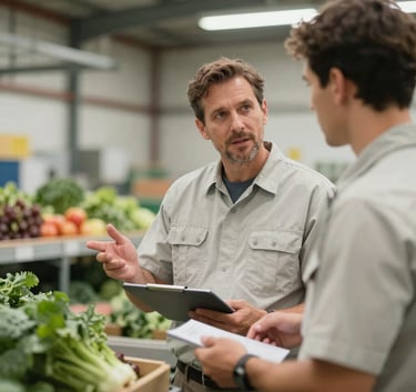 Professional shot of a farm manager in a light sage uniform discussing logistics with an employee in a clean North American packing house, soft natural light, conveying efficiency and expertise.