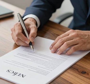 Close-up of a professional signing official business formation documents with a silver fountain pen on a polished wooden desk, North American office setting, bright and efficient atmosphere.