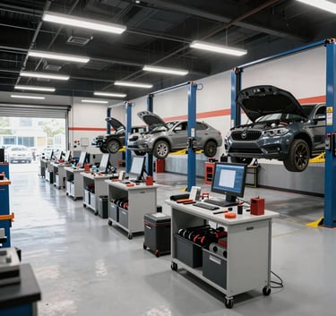 A professional wide-angle photograph of a clean, modern North American auto repair shop interior. The floor is polished, tools are neatly organized, and bright white lighting highlights several car lifts and computer diagnostic stations.