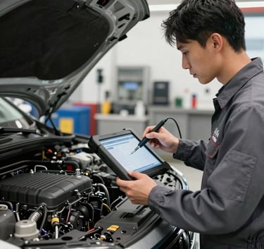 A skilled automotive technician in a clean uniform using a high-tech diagnostic tablet to scan a vehicle's engine in a bright US repair shop. The focus is on the technology and precision of the work.