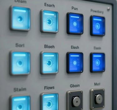A clean, high-detail photograph of a sophisticated smart power grid control panel with glowing indicators in light blue and dark blue, reflecting innovation and technology, Spanish / Global.