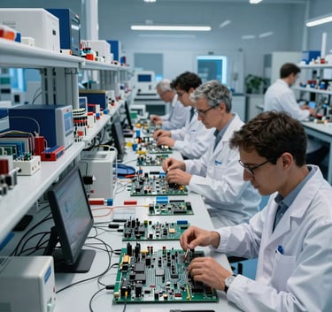 A wide shot of a futuristic electrical engineering laboratory with blue ambient lighting, a group of professionals in modern professional attire working on complex circuit boards, Spanish / Global.