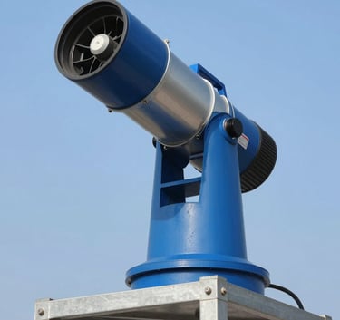 Professional industrial foam cannon (Foam Monitor) mounted on a steel platform, blue and silver color scheme, clear blue sky background, authoritative and technical look.