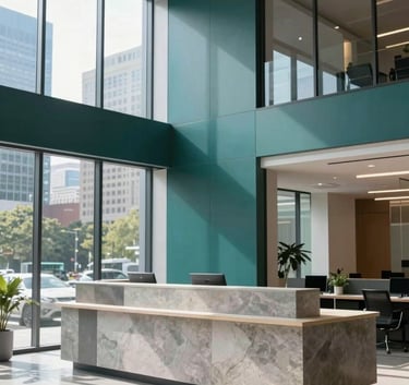 A bright, modern North American office lobby with deep forest teal accents, a sleek stone reception desk, and glass walls reflecting a city skyline, high-performance professional vibe.