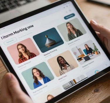 Close-up of a high-resolution tablet screen showing a vibrant, professional mobile app interface, held by a professional in a modern North American creative studio.