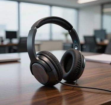 A high-end, professional noise-canceling headset resting on a polished dark wood desk in a Brazilian corporate setting. The background is softly out of focus, showing a modern office with large windows. The lighting is sophisticated, emphasizing the sleek textures of the technology.