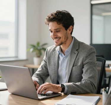 A professional person in business casual attire smiling while working at a modern laptop in a bright, sunlit Brazilian office. The composition is a medium shot focusing on the calm and professional expression, with a clean and organized desk space around them.