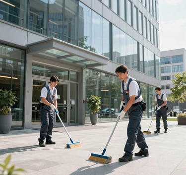 A wide-angle professional photograph of a modern glass-fronted commercial building in a Central European / German business park. The surface is spotless and reflecting a soft blue sky. The atmosphere is clean, efficient, and professional.