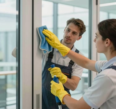 A close-up of a professional cleaner in a neat uniform cleaning a high-end glass door in a modern Central European / German office. The lighting is bright and clean, with Pale Aqua highlights and Soft Off-white surfaces.