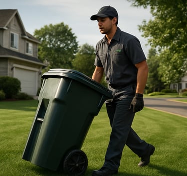 A professional service technician in a clean, charcoal uniform with green branding, reliably moving a trash bin along a manicured lawn in a North American suburban neighborhood.