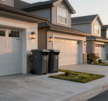 Wide-angle photography of a modern, upscale North American suburban driveway at sunrise. Two clean, charcoal-colored trash bins are positioned neatly near a high-end garage, lit by soft morning light.