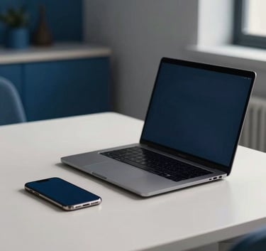 A clean, minimalist photograph of a modern workspace in a North American / US home office. A professional laptop and smartphone sit on a soft off-white desk. The scene is illuminated by cool morning light, incorporating deep ocean blue accents through office decor for a calm, innovative atmosphere.