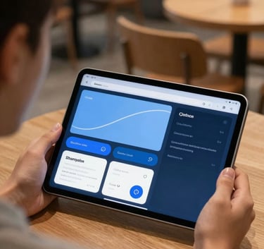 A person using a tablet with a sophisticated productivity app while sitting in a contemporary North American / US cafe. The shot is over-the-shoulder, showing the fluid app design featuring sky blue and dark midnight blue elements. The background is softly blurred to keep focus on the functional technology.