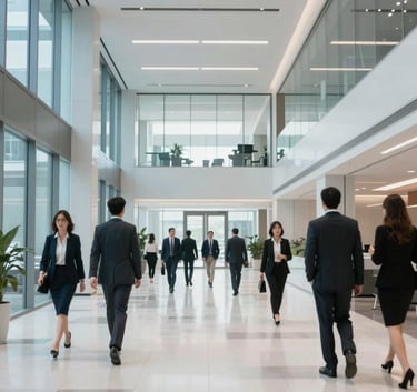 A clean, modern office lobby in North America, featuring architectural glass, professional business people walking through the space, and a sense of innovation and high standards. Soft blue and white color palette.