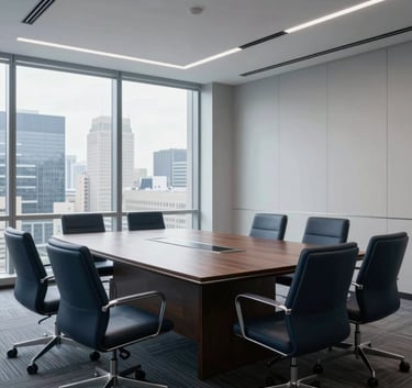 A wide-angle professional photography of a high-end corporate boardroom in a North American city. The lighting is soft and natural, emphasizing clean lines and a professional, trustworthy atmosphere with deep blue and light grey tones.