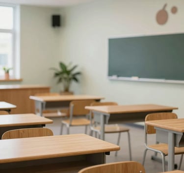 A well-lit, modern classroom environment that looks organized and welcoming. The composition highlights clean wooden desks and a state-of-the-art learning area, emphasizing progress and stability. The color palette incorporates soft #F2F4F3 walls and #A3B18A accents on decorative elements, symbolizing growth through education.