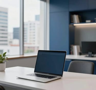 A bright, modern office interior in a Brazilian city. A clean desk with a high-end laptop, professional atmosphere, navy blue and silver grey accents in the decor, soft natural lighting.