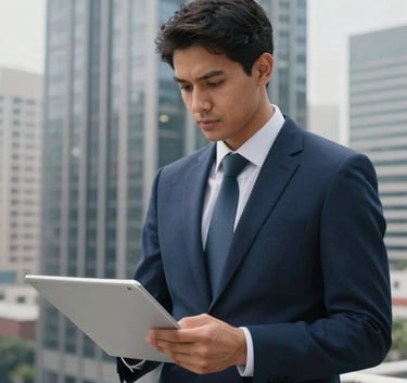 A professional in formal attire working in a high-rise office in a South American business district. Focused composition, clean lines, navy blue and silver grey color palette.