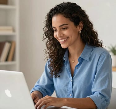 A professional South American woman smiling while studying on a modern laptop in a bright Brazilian home office, professional atmosphere, off-white and mid blue palette.