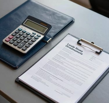 High-angle shot of a clean, modern desk in a Latin American office setting. A silver calculator, a leather folder, and professional real estate documents are arranged neatly. Soft natural light, palette includes dark blue grey and off-white.