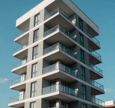 Wide-angle exterior photograph of a contemporary residential apartment building in a modern Mexican neighborhood. Architecture features clean lines and glass balconies under a bright blue sky. Palette includes teal and light grey.