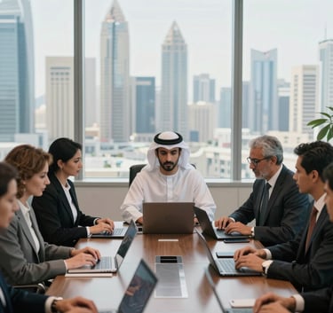 A high-end photograph of a professional meeting taking place in a boardroom in a Middle Eastern / Gulf skyscraper. The individuals are dressed in formal attire, working with laptops and tablets. The room has large windows with a blurred city skyline background.