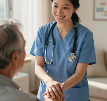 A professional nurse in North American / US medical attire gently holding an elderly person's hand in a sunny, comforting room, professional and warm photography.