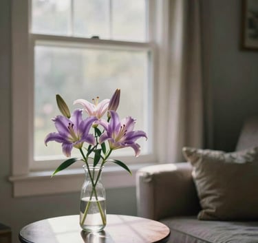 A calm North American / US living room with soft lavender sunlight streaming through the window, a small vase of lilies on a side table, serene atmosphere.