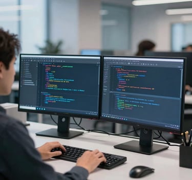 A professional software developer working in a sleek North American tech hub. The shot is medium distance, showing a workspace with dual monitors displaying code. Soft blue and white ambient lighting, conveying clarity and reliable innovation.