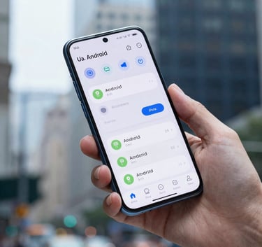 A close-up photograph of a person in a US city environment holding a modern Android smartphone. The lighting is bright and airy, showing a functional and engaging interface. Soft focus on the background architecture, using light blue and navy tones.