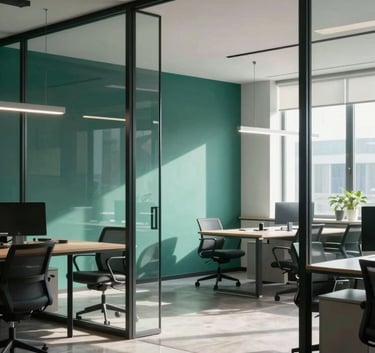 A modern, bright office interior with glass walls and minimalist furniture, accented with Deep Sea Green and Dusty Aqua decor.