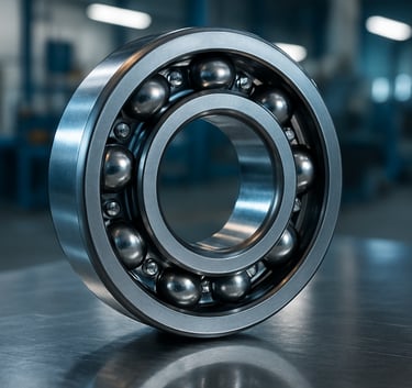A high-resolution close-up photograph of a gleaming steel ball bearing model 6201 placed on a polished metal surface. The lighting is bright and industrial, reflecting dark blue and light gray tones. The background is a clean, modern workshop setting in a South Asian / Indian industrial zone.