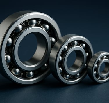Detailed macro photography of three different sizes of ball bearings arranged in a diagonal line on a dark blue background. Soft light highlights the chrome finish and precision edges. Professional B2B style.