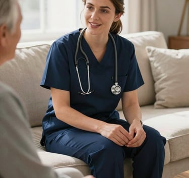 A professional nurse in navy blue scrubs and a stethoscope sits on a beige sofa in a sunlit North American living room, speaking warmly and reassuringly to an elderly person. The lighting is soft and natural, conveying comfort and trust.