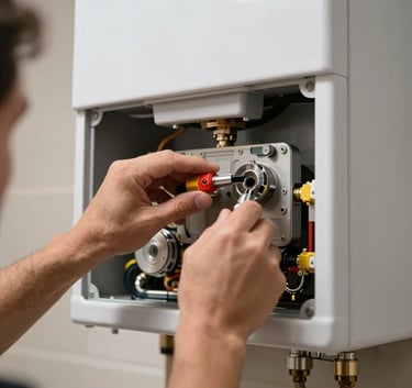 Close-up of a technician's hands using tools to carefully inspect the internal components of a white wall-mounted gas boiler, clean and technical photography in a modern Spanish home.