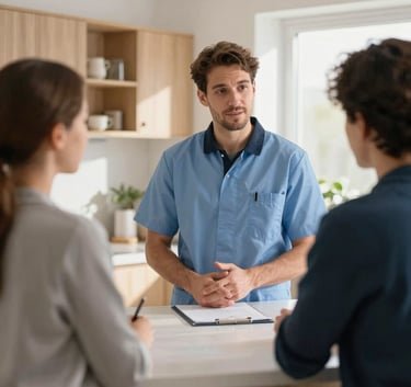 A professional technician in a light navy blue uniform talking politely to a client in a bright, modern Scandinavian kitchen with light wood furniture and soft morning light, European Spanish context.