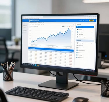 Photography of a professional workspace in a North American business center. A high-resolution display features strategic financial data. The lighting is crisp and intelligent, using white and medium blue colors.