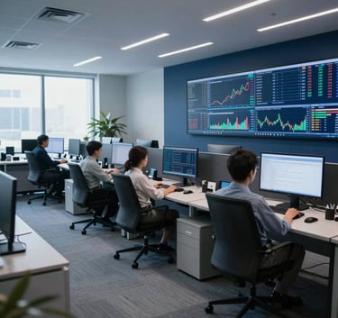 A sophisticated North American financial office interior. Multiple professional screens show advanced trading charts with clean lines. The room is filled with soft light blue and dark navy tones in a professional wide-angle shot.