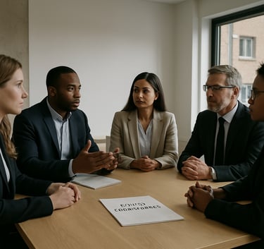 A diverse group of consultants in smart attire sitting in a minimalist meeting room in a Northern European office setting, discussing ethical frameworks.