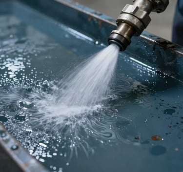 Close-up of a high-pressure water stream effectively cleaning a weathered industrial steel surface in a North American / US logistics facility. Sharp focus on the water spray and the emerging clean surface. Colors: deep slate teal.