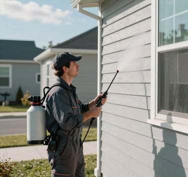 A professional technician in North American / US workwear using a low-pressure soft-wash system on the siding of a modern suburban home. Clean, bright daytime lighting with oceanic cyan accents.