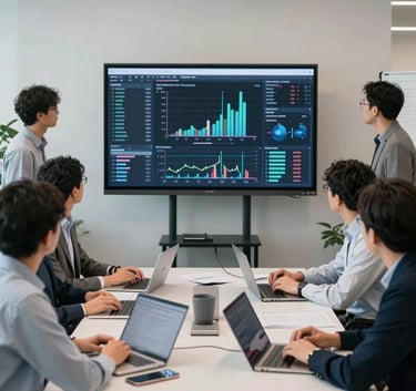 A collaborative team meeting in a high-tech North American / US office setting. Professionals are gathered around a large display screen showing data trends. The atmosphere is innovative with silver and light grey tones throughout.