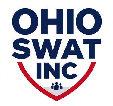 A minimalist and authoritative logo for OHIO SWAT INC., featuring a stylized crest and a shield icon representing protection and resilience, using navy blue and teal colors on a white background, clean and professional typography.