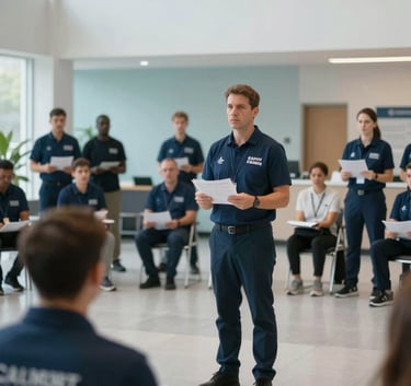 A high-quality photo of a community preparedness training session in a modern North American civic center, professional instructors demonstrating safety resources, muted blue and light sky blue color tones.