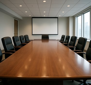 A clean, bright North American corporate board room. A high-quality wooden table reflects the soft overhead lighting. The composition is wide and professional, suggesting established authority and clear guidance.