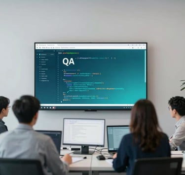 A modern, minimalist office space where a team of professionals is collaborating over a glowing screen showing code lines. The composition is clean and trustworthy, highlighting the human element in sophisticated QA, with #B2D4D8 and #367C89 accents.