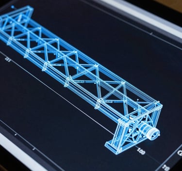 Macro shot of a high-resolution CAD screen showing a complex structural steel blueprint with blue lines on a dark background.