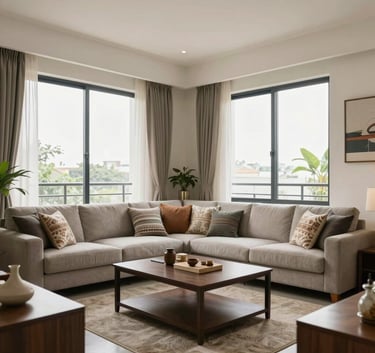 A bright, clean, and modern apartment living room in Bangalore with contemporary South Asian / Indian decor and large windows.