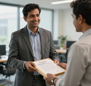 A professional South Asian / Indian legal consultant in business casual attire handing over a sealed document package, smiling, bright modern office background.